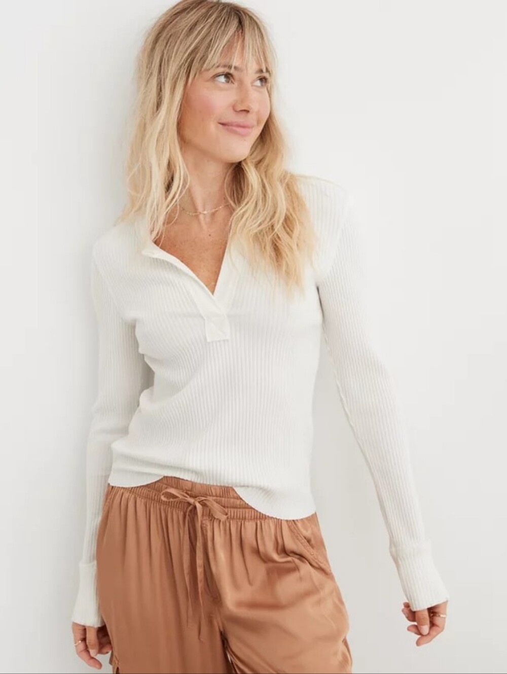 NWT Aerie Fireside Long Sleeve Henley Ribbed Top Soft Muslin XL